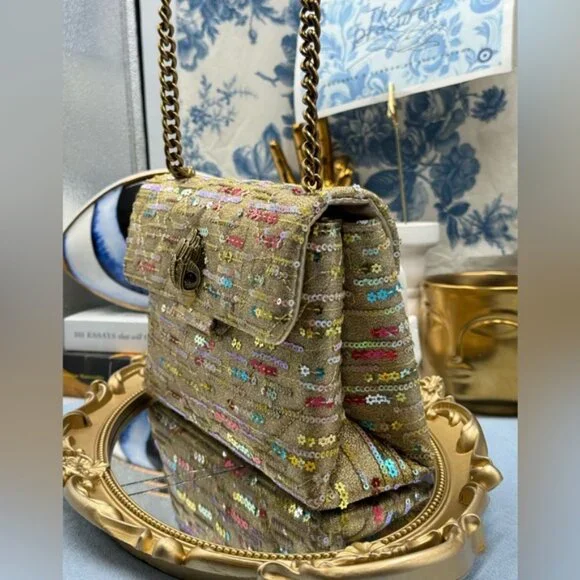 🆕 KURT GEIGER LONDON 🧿 NWOT Lurex Medium Kensington, Gold Rainbow Sequins - Picture 5 of 13